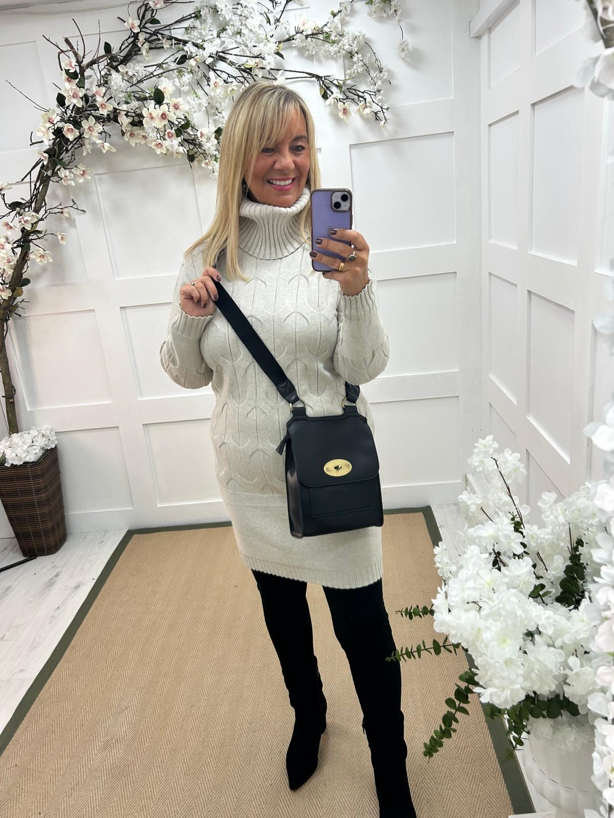 Destiny: Cream high neck knitted jumper dress. One Sz: 12-18