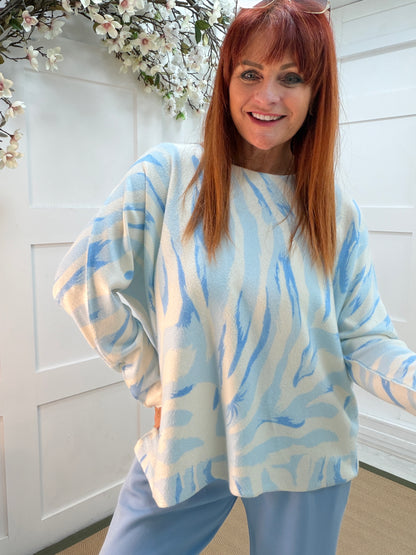 Lilia: Blue & cream zebra print long sleeve top. One size: 12-20