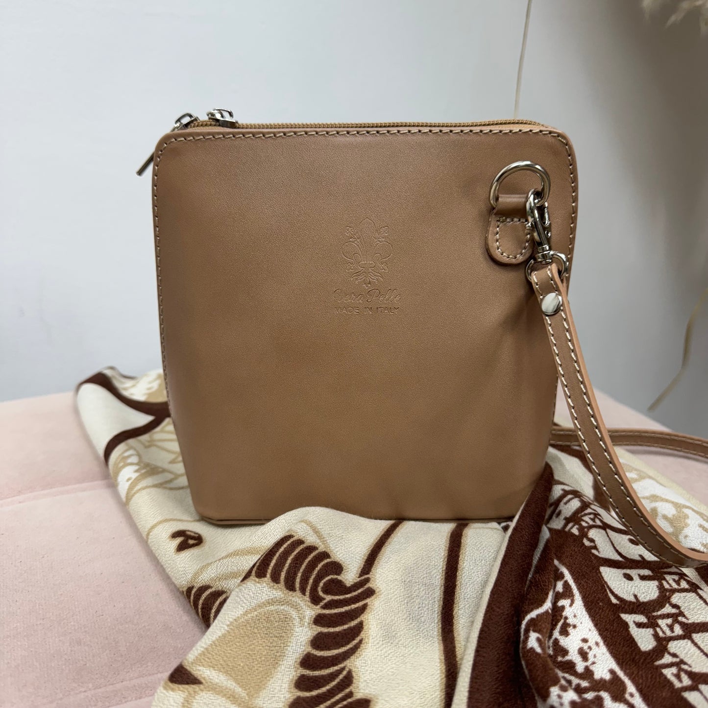 Thea: Taupe leather cross body/clutch bag.