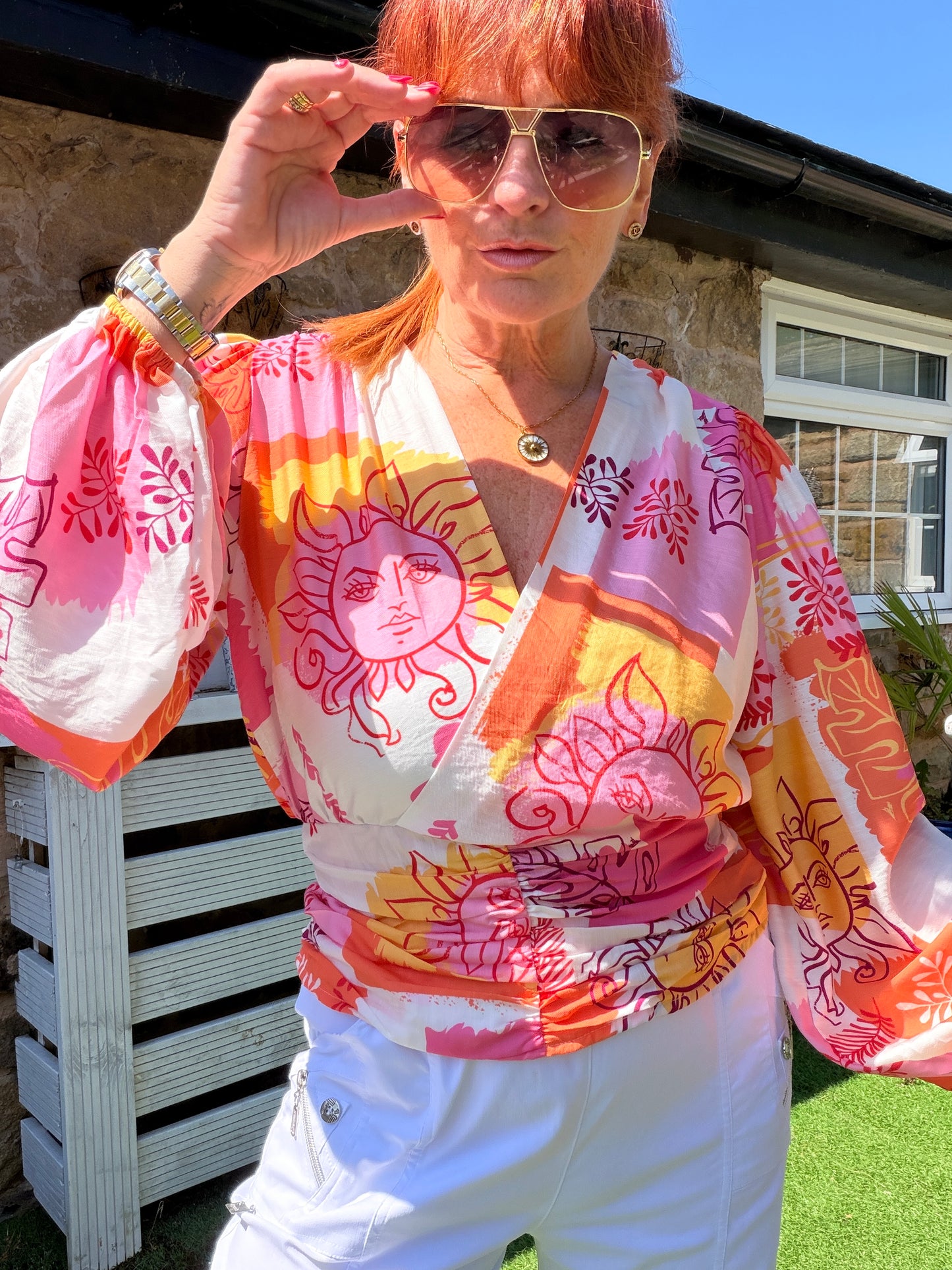 Tanya: Wrap style long balloon sleeve printed top. 3 sizes. 2 colours