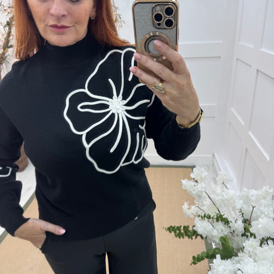 Danni: Black embroidered big flower top. One Size 12-18