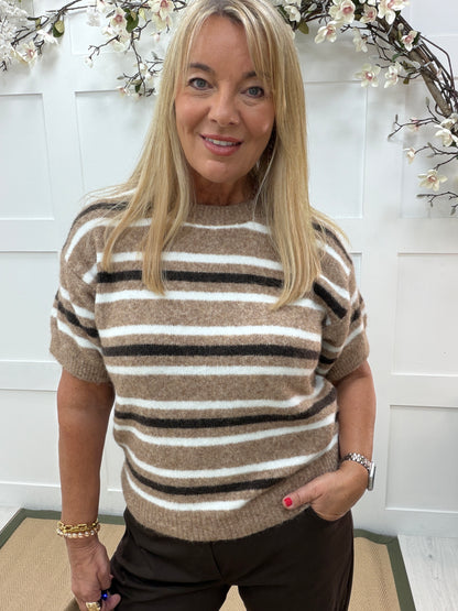 Brodie: Mocha striped short sleeve jumper . One size 12-18