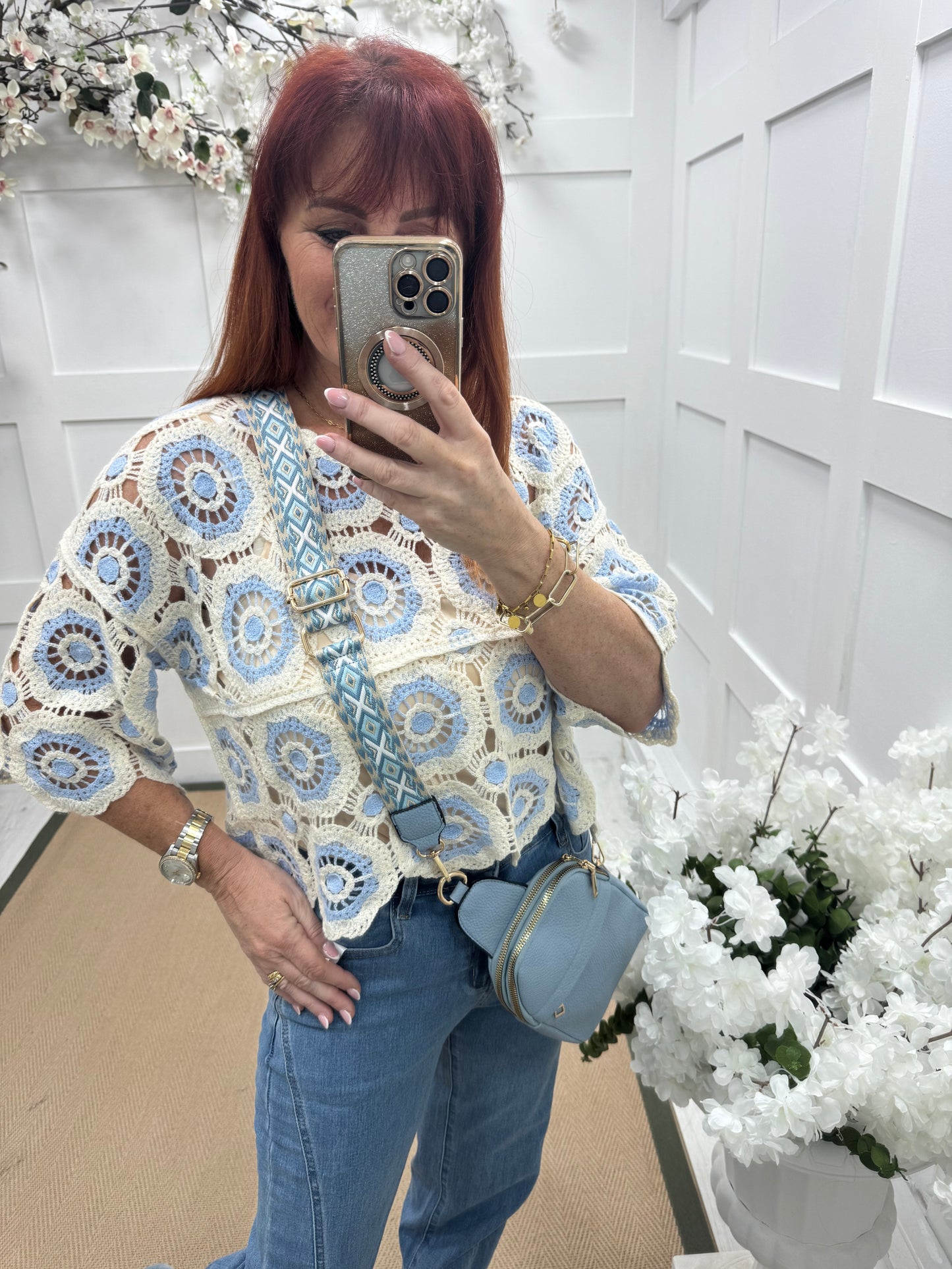 Candy: Blue and cream short crochet top. One size: 12-16