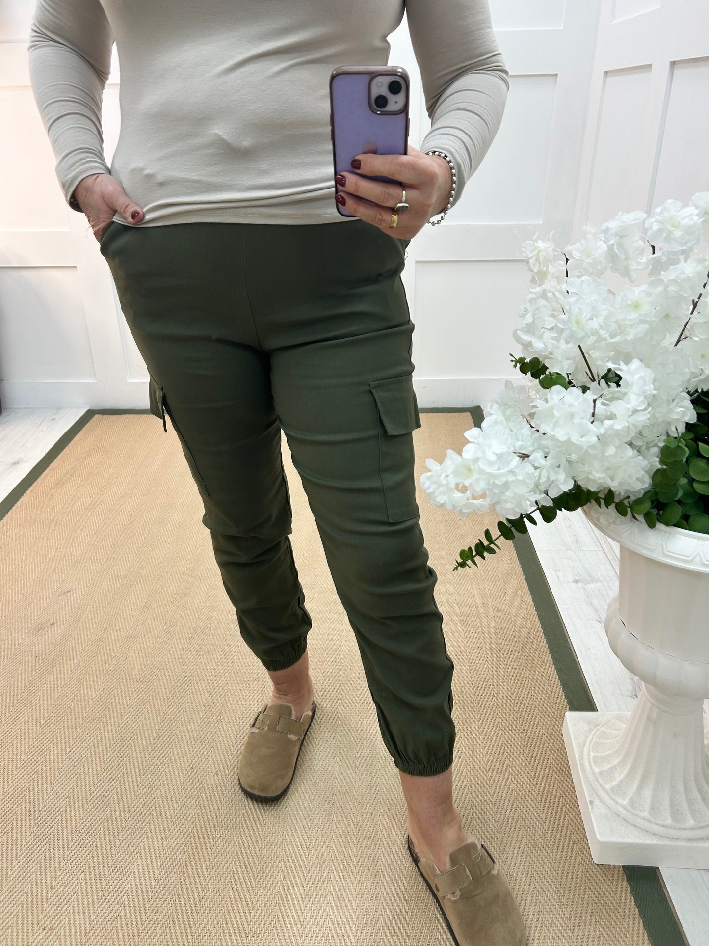 Charley: Khaki cargo jogger trousers. Two sizes.