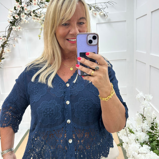 Effie: Navy embroidered cardigan top. One size: 12-18