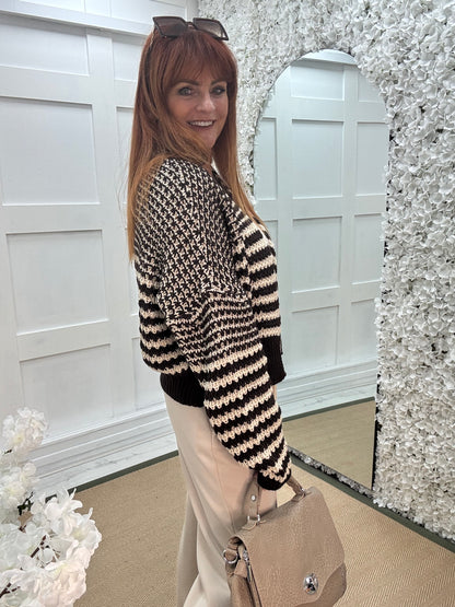 Mel: Brown & cream knitted cardigan. One size: 12-18
