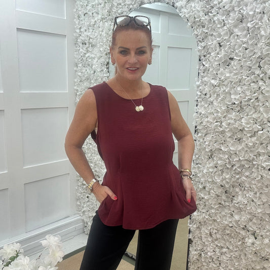 Maisie: Burgundy tie waist peplum top. One size: 14-18