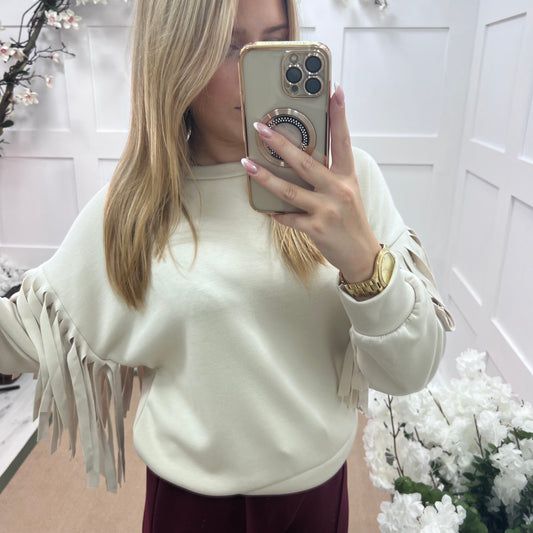 Athens: Cream short tassel sweatshirt. One size: 10-16