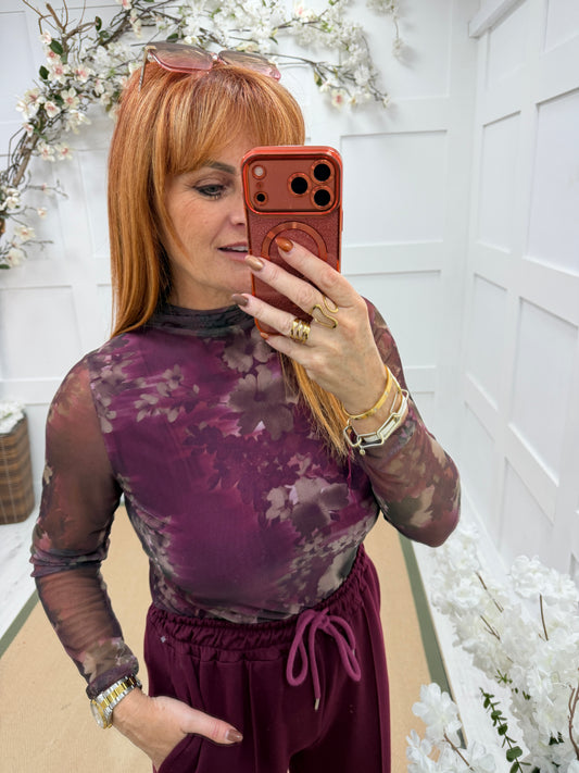 Amal: Floral patterned lined mesh top. One size: 8-12. 2 colours