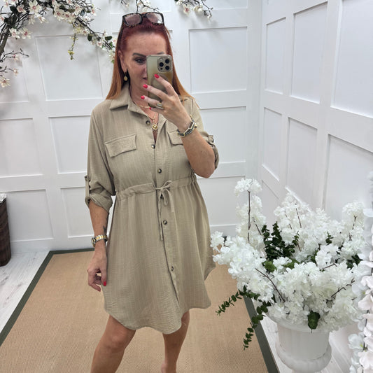 Nina: Stone pinstripe midi shirt dress. One size: 10-16