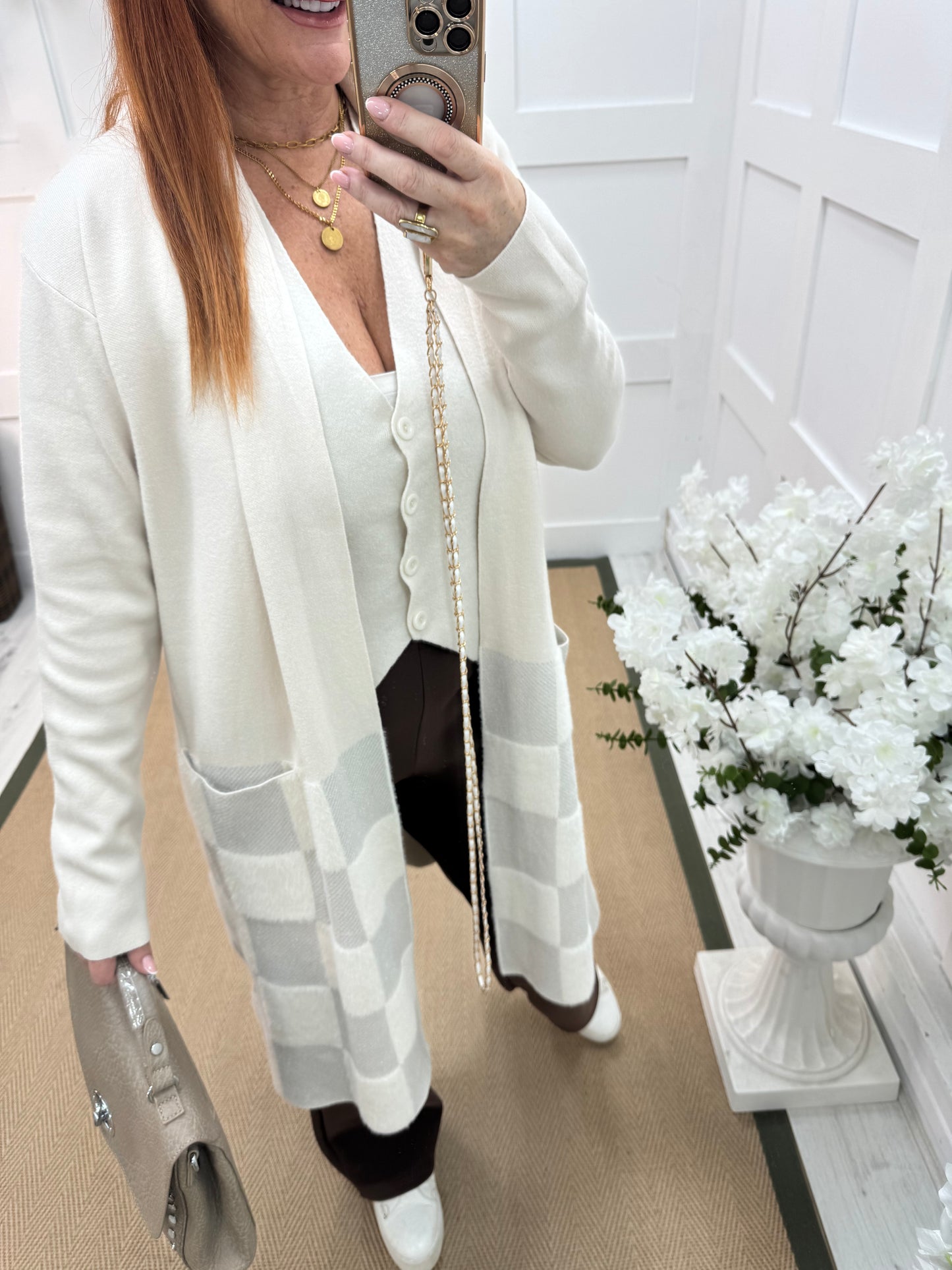 Martha: Cream long pocket cardigan. One size: 12-18