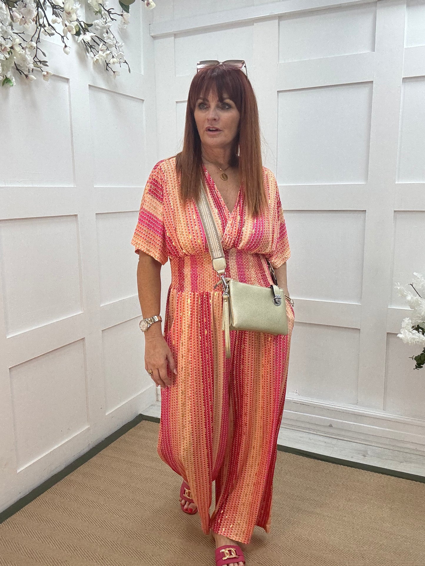 Gia: Pink and gold speckle wide leg jumpsuit. One size: 12-18