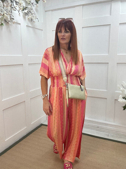 Gia: Pink and gold speckle wide leg jumpsuit. One size: 12-18