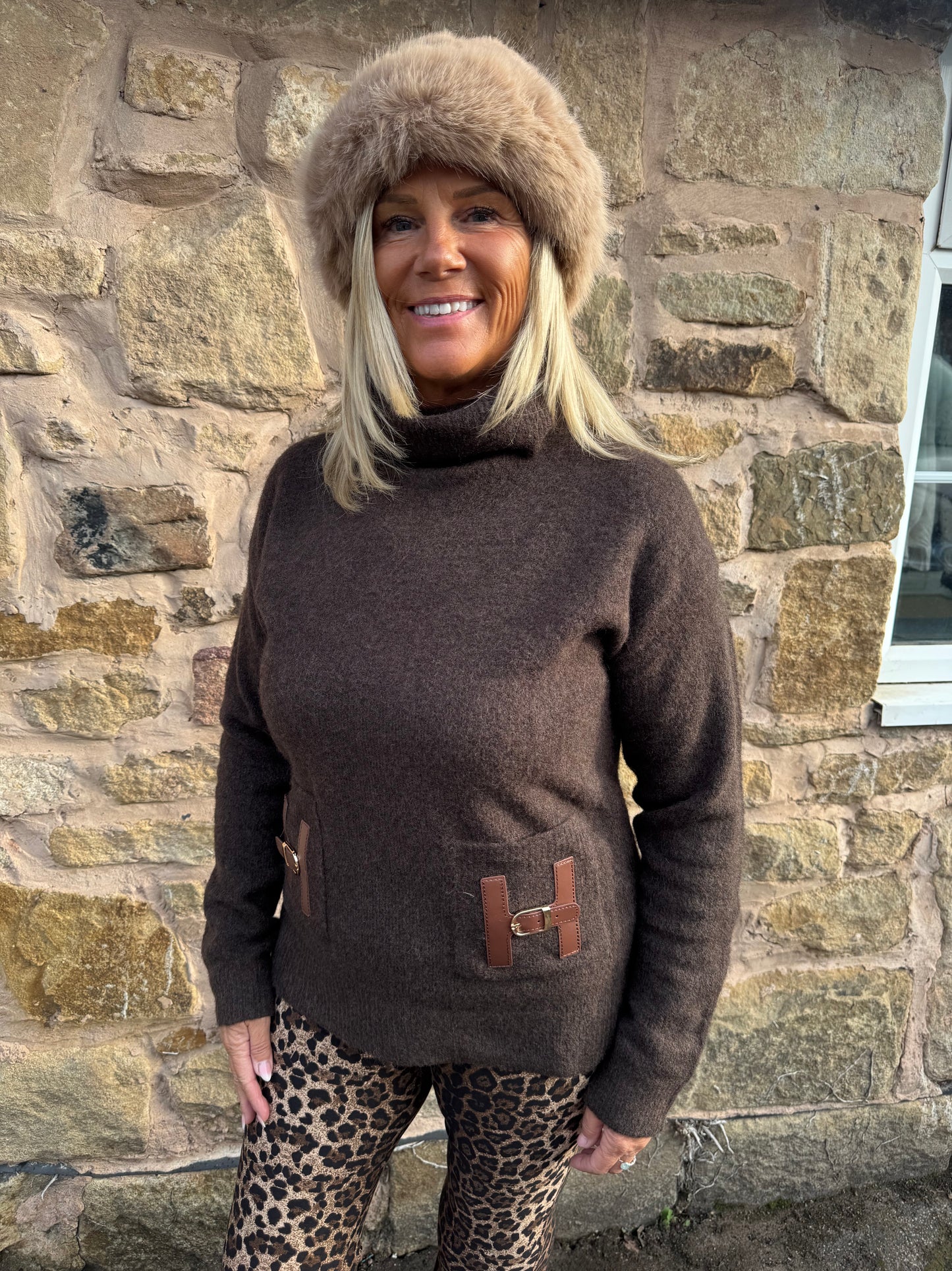 Hailey: Brown high neck H jumper. One size 10-16