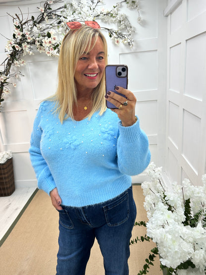 Selina: Blue batwing knitted top. One size: 12-18/20