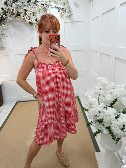 Gina: Gingham print strappy knee length dress. One size: 12-18. 4 colours