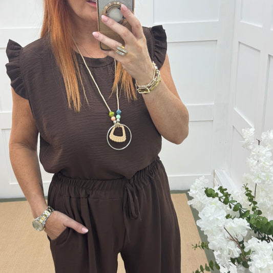 Ember: Brown frill sleeve top & pendant. One size: 14-20