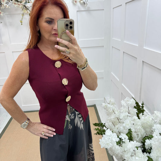 Laura: Burgundy fine knit gold shell waistcoat. 2 sizes