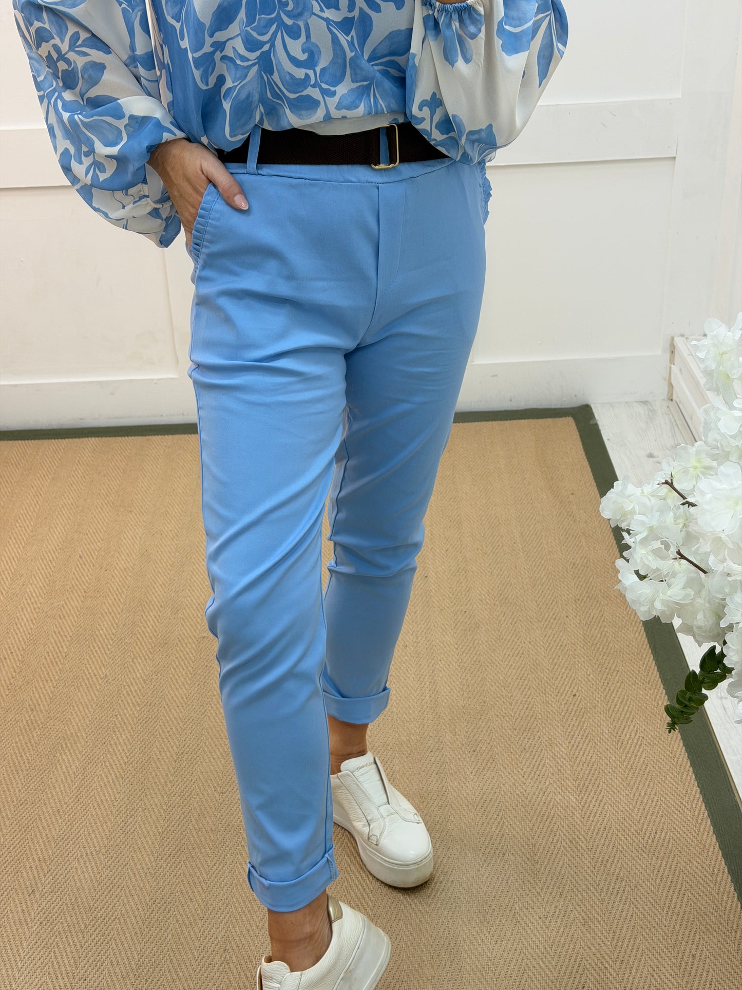 Marley: Blue stretchy frill pocket magic trousers. One Size: 8-14