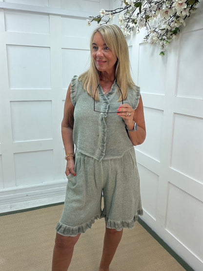 Faith: Hopsack frill button top & shorts set. One Sz: 10-16. 3 colours