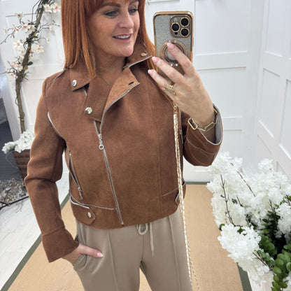 Dorita: Tan soft feel biker jacket. 3 sizes