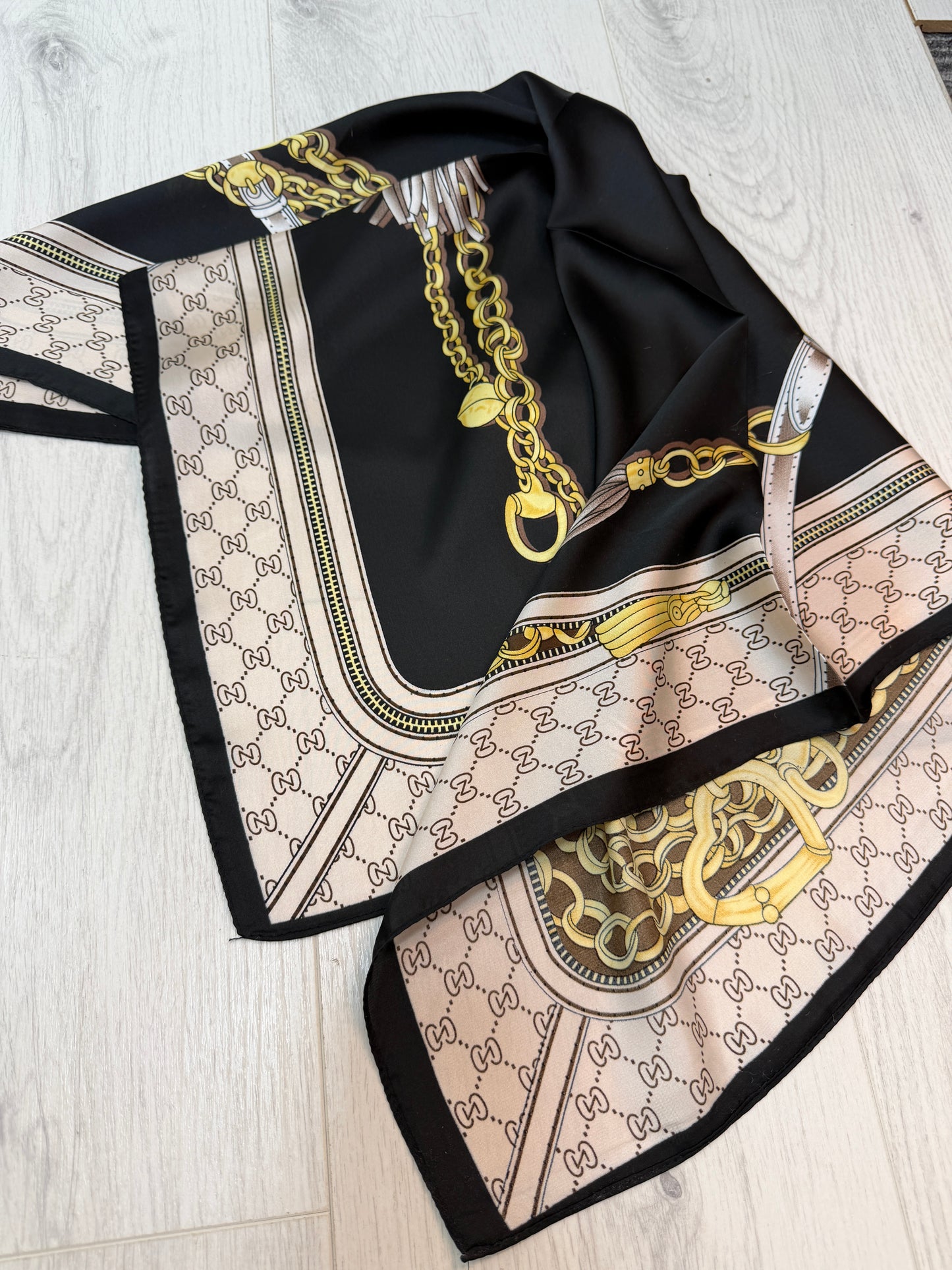 Della: Black designer inspired silky neck scarf.