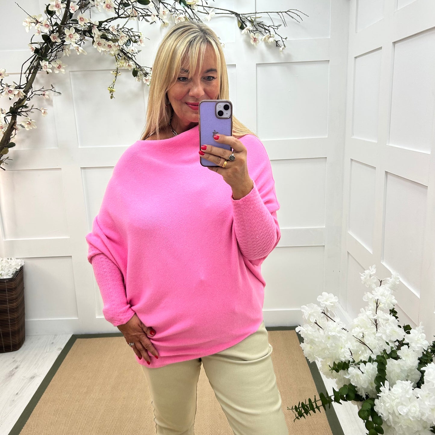 Erica: Pink asymmetrical slouch soft knit top. One size 10-18