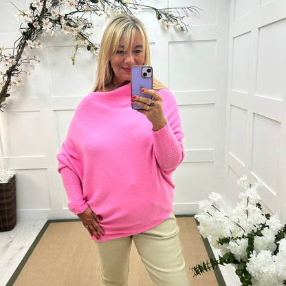 Erica: Pink asymmetrical slouch soft knit top. One size 10-18
