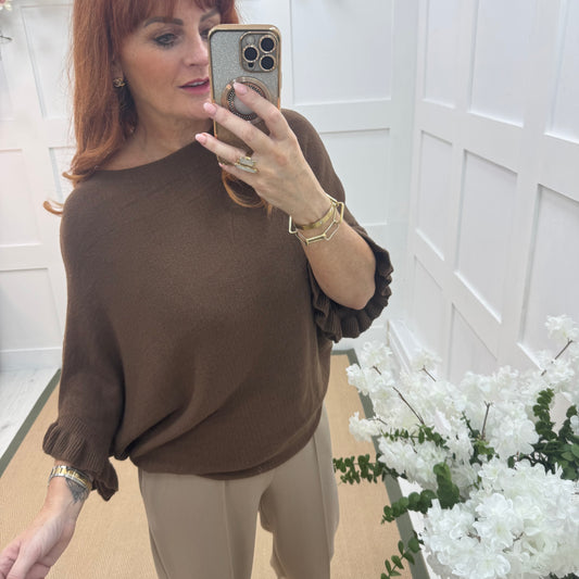 Sierra: Chocolate brown batwing fluted sleeve knitted  top. One Size 12-18/20