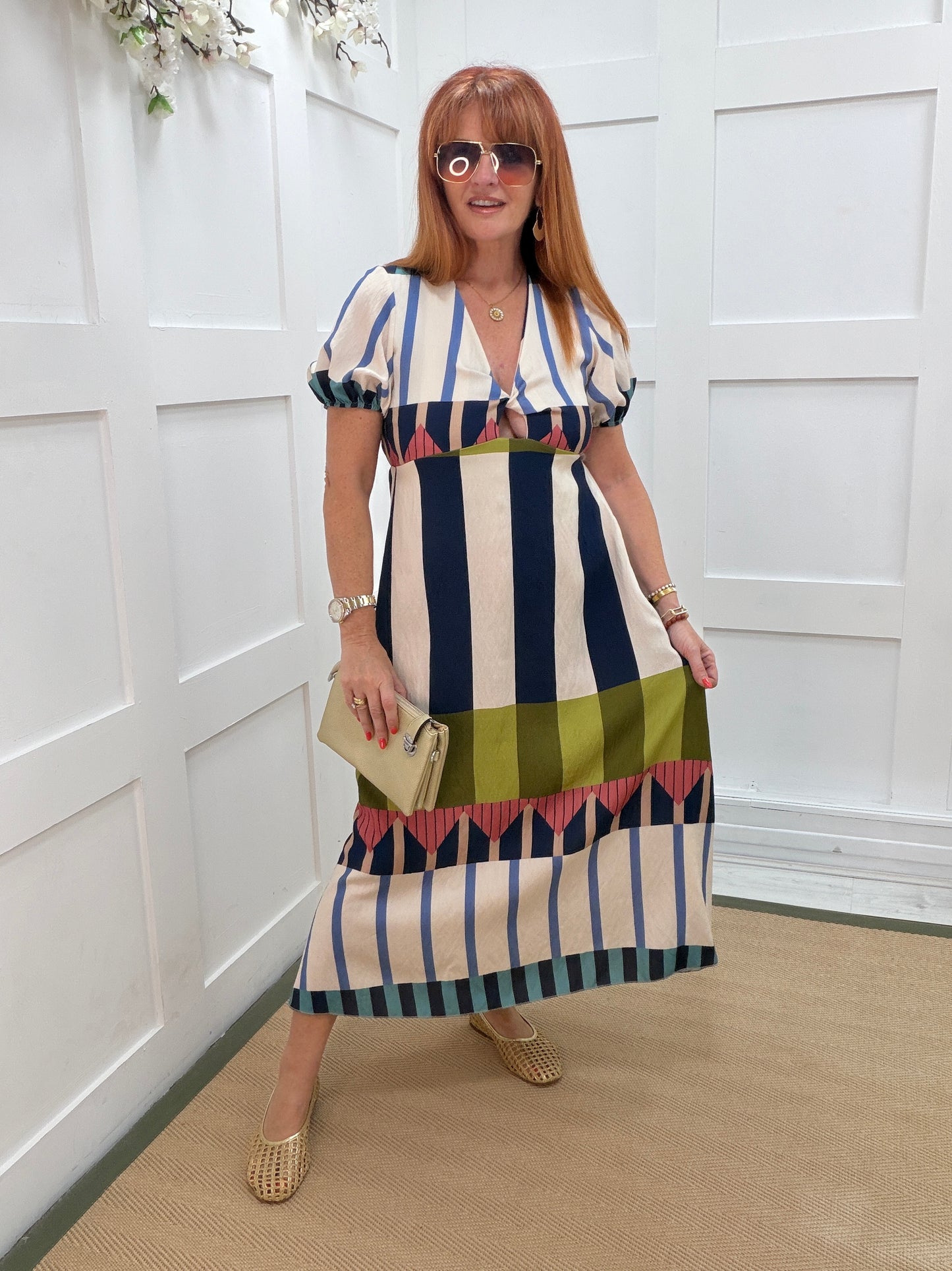 Alana: Abstract stripe V neck midi dress. One size: 10-14. 3 colours