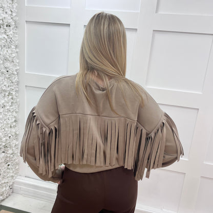 Athens: Mocha short tassel sweatshirt. One size: 10-16