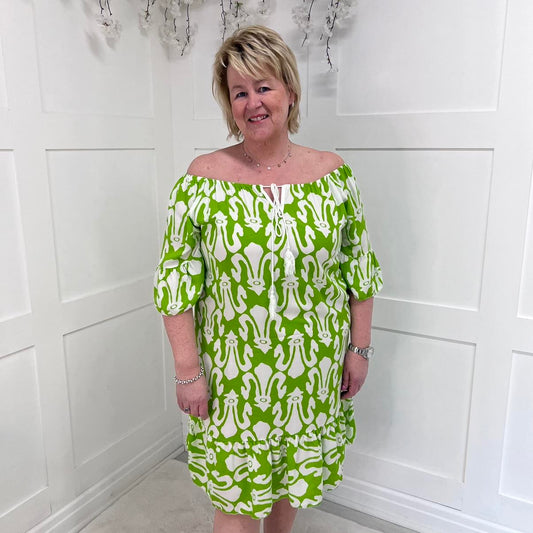 Sharon: Printed Bardot midi dress. One size 12-20