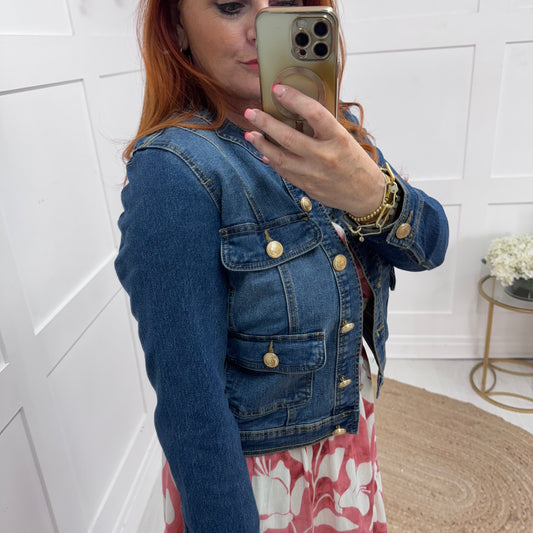 Margot: Blue military button denim jacket. Sizes: 10-20