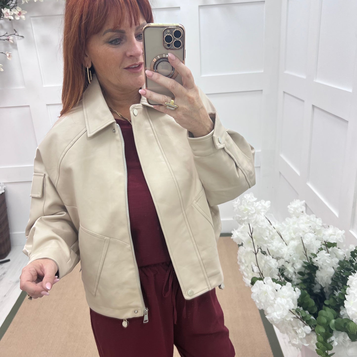 Bobbie: Cream oversized faux leather bomber jacket. 2 sizes