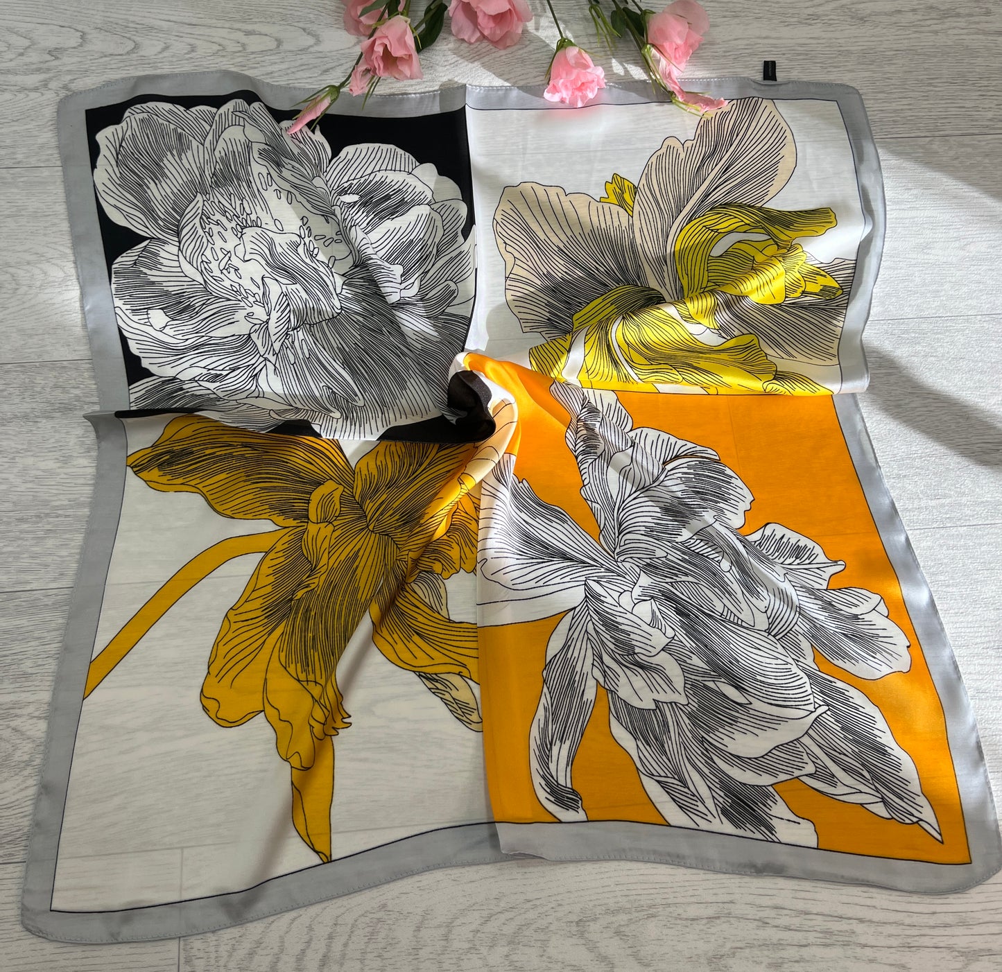 Iris: Yellow & black iris flower printed silky neck scarf