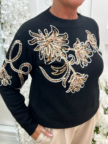 Honey: Black sequin floral knit top. One size: 10-16