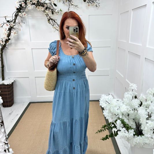 Rio: Pale denim bardot maxi dress. One Size 10-20