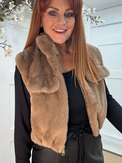Effie: Camel teddy bear faux fur gilet. One size 8-14