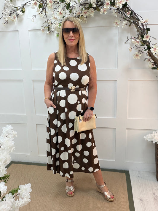 Julia: Brown polka dot belted midi dress. One size: 14-18