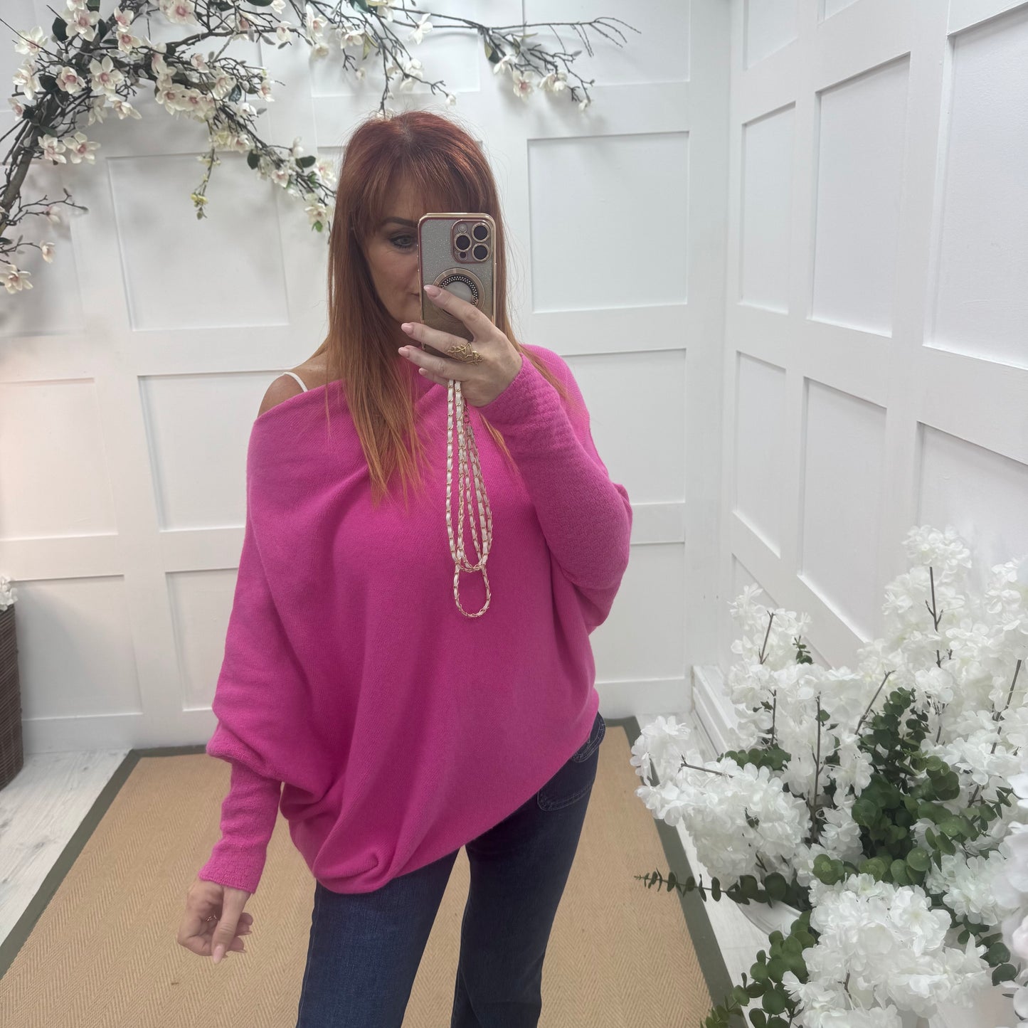 Erica: Fuchsia pink asymmetrical slouch soft knit top. One size 10-18