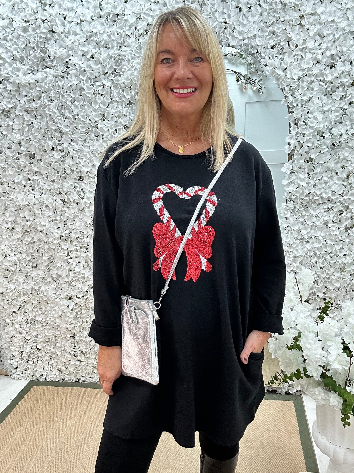 Candice: Black candy cane oversized top. One size: 16-20