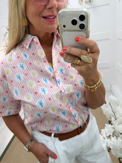 Lulu: Pink stripe lobster shirt. 3 sizes