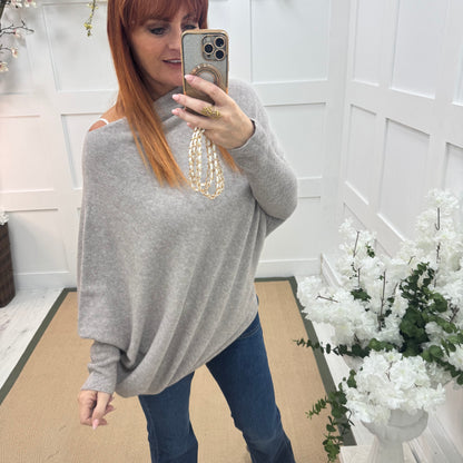 Erica: Oatmeal/beige asymmetrical slouch soft knit top. One size 10-18