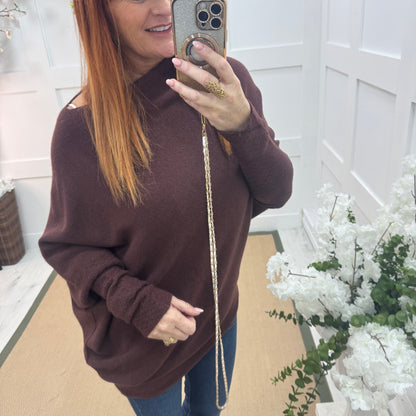 Erica: Brown asymmetrical slouch soft knit top. One size 10-18