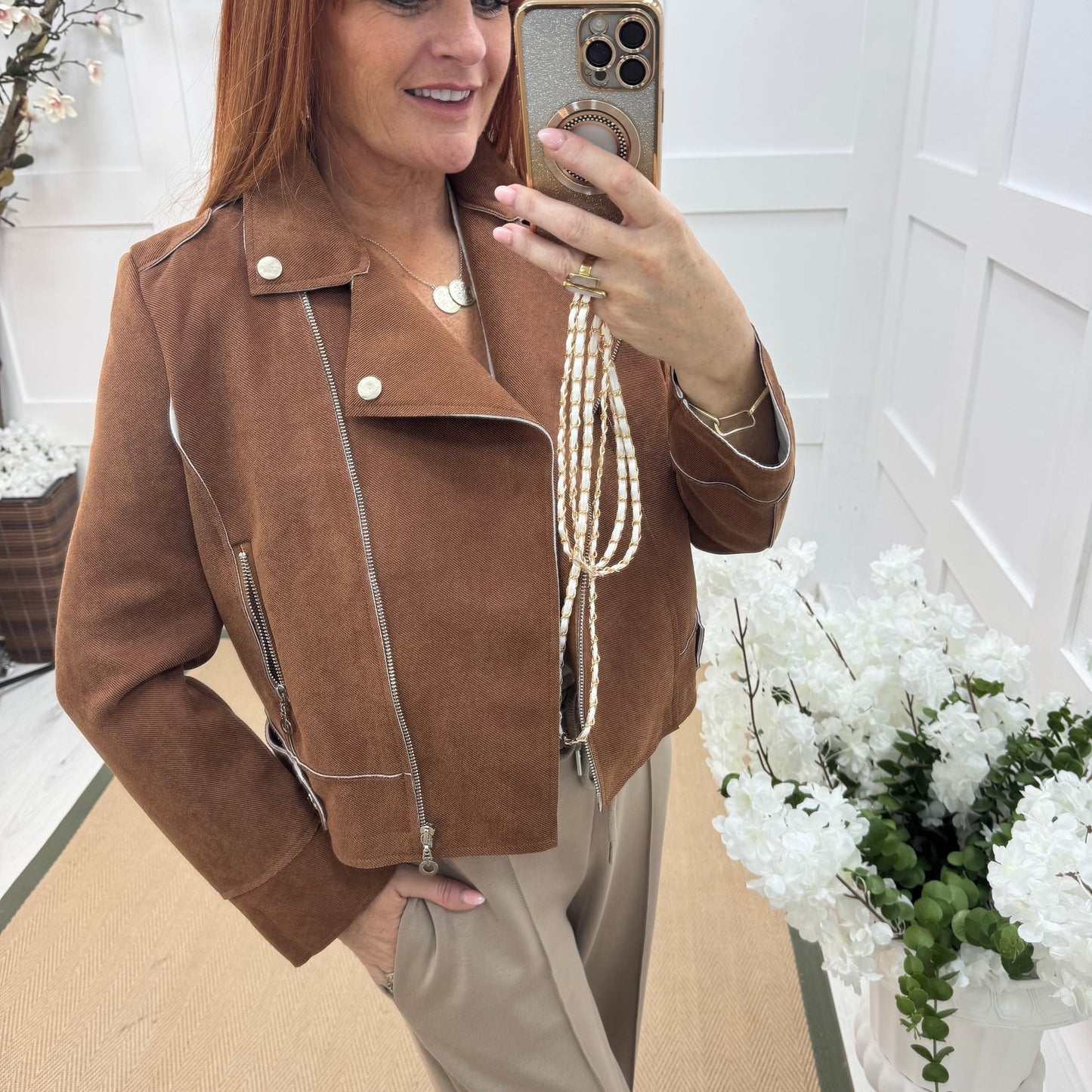 Dorita: Tan soft feel biker jacket. 3 sizes