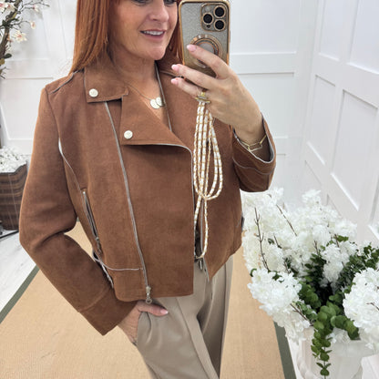 Dorita: Tan soft feel biker jacket. 3 sizes