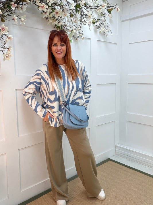 Lilia: Denim blue & mocha zebra print long sleeve top. One size: 12-20