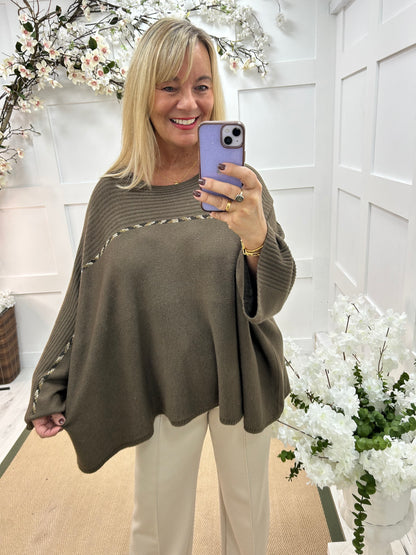 Indra: Brown oversized diamanté stripe top. One size: Free size