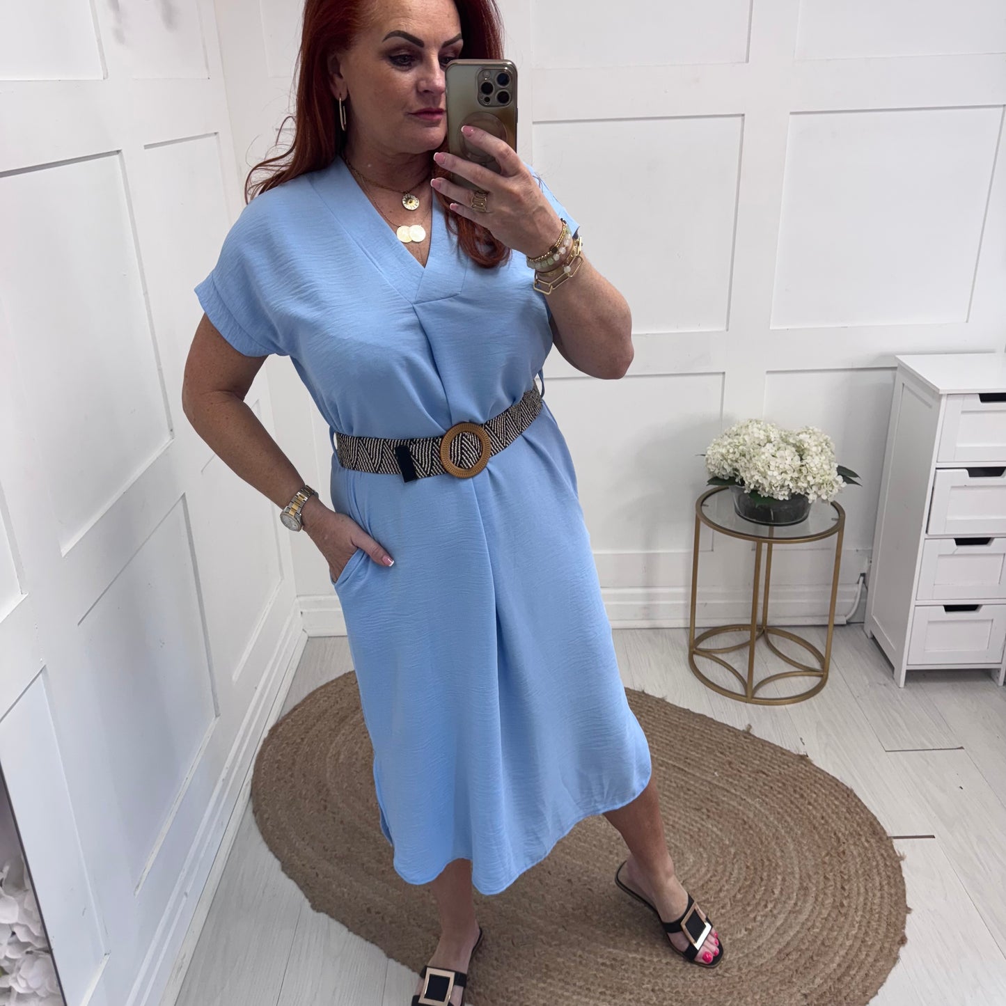 Azora: Baby blue V neck belted midi dress. One size 10-18