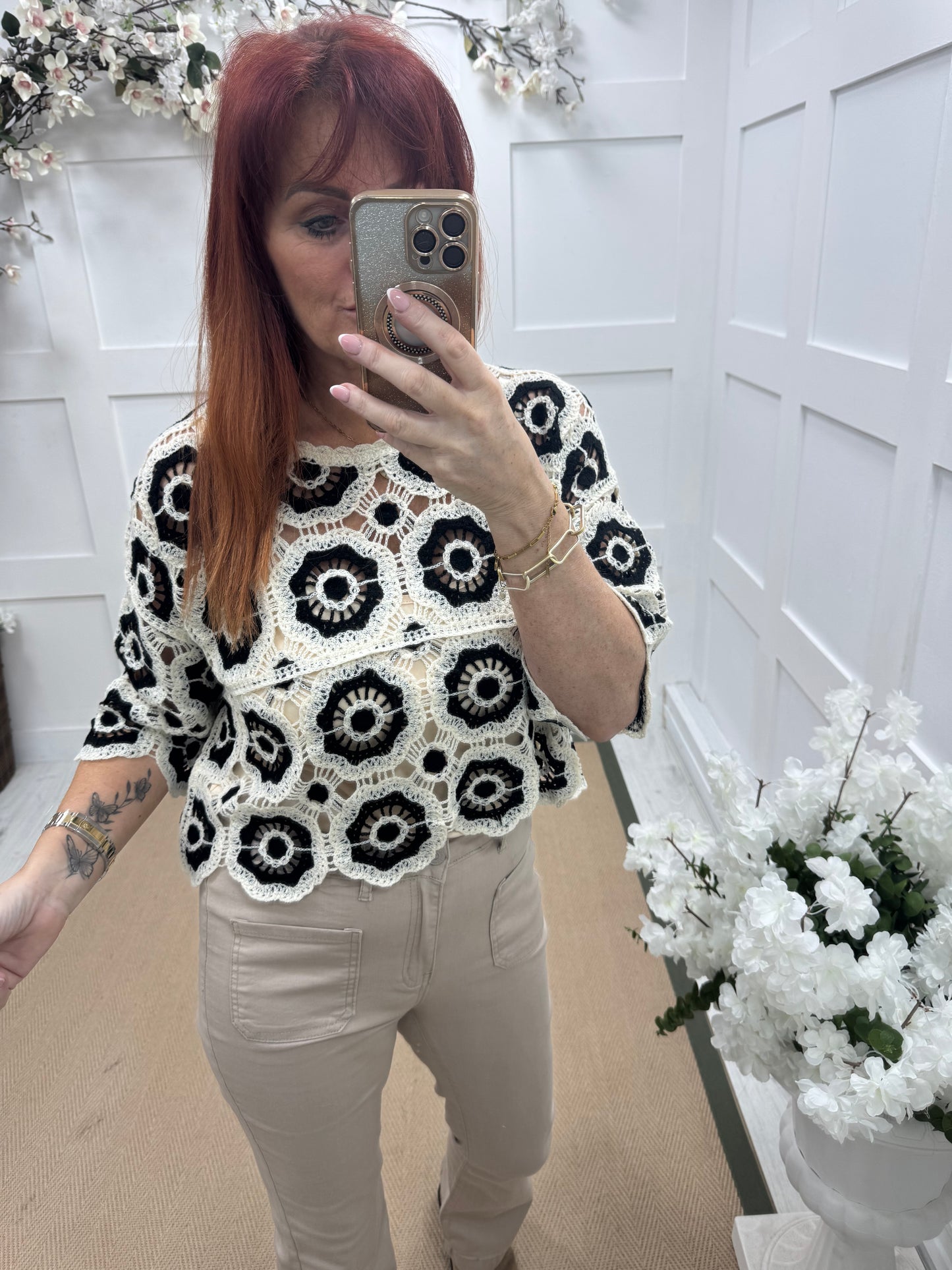 Candy: Black and cream short crochet top. One size: 12-16